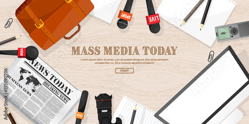 Mass media background in a flat style.Press conference with correspondent and reporter.Broadcasting.Multimedia news,newspaper.Tv show. Internet radio, television. Microphone.