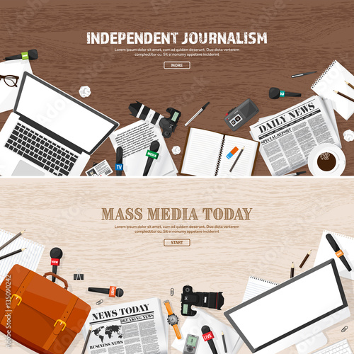 Mass media background in a flat style.Press conference with correspondent and reporter.Broadcasting.Multimedia news,newspaper.Tv show. Internet radio, television. Microphone.