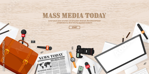 Mass media background in a flat style.Press conference with correspondent and reporter.Broadcasting.Multimedia news,newspaper.Tv show. Internet radio, television. Microphone.