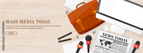 Mass media background in a flat style.Press conference with correspondent and reporter.Broadcasting.Multimedia news,newspaper.Tv show. Internet radio, television. Microphone.