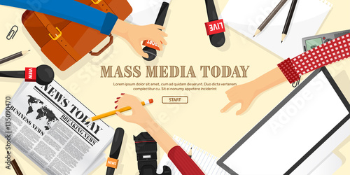 Mass media background in a flat style.Press conference with correspondent and reporter.Broadcasting.Multimedia news,newspaper.Tv show. Internet radio, television. Microphone.