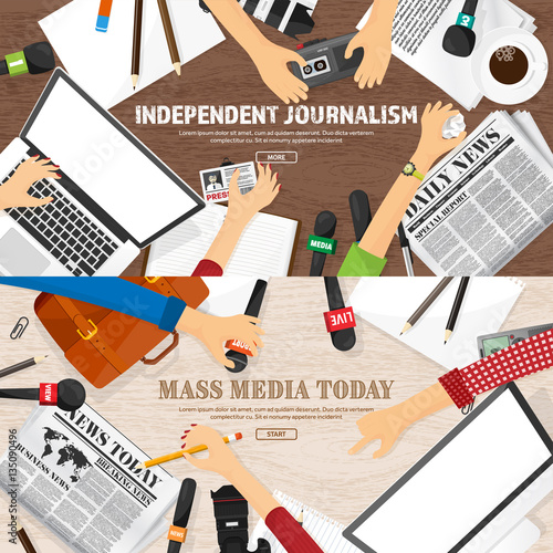 Mass media background in a flat style.Press conference with correspondent and reporter.Broadcasting.Multimedia news,newspaper.Tv show. Internet radio, television. Microphone.