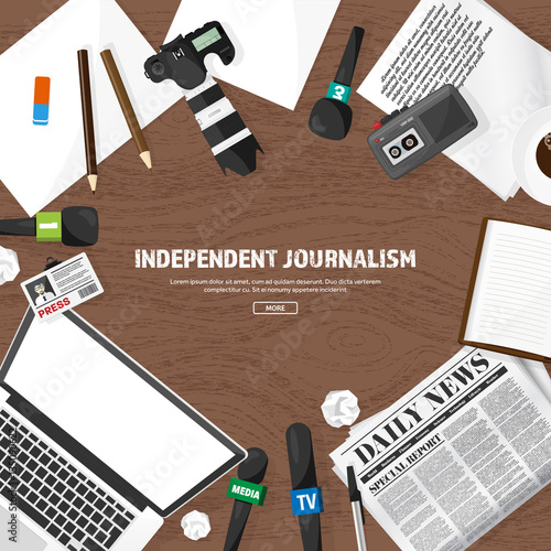 Mass media background in a flat style.Press conference with correspondent and reporter.Broadcasting.Multimedia news,newspaper.Tv show. Internet radio, television. Microphone.