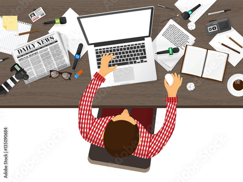 Mass media background in a flat style.Press conference with correspondent and reporter.Broadcasting.Multimedia news,newspaper.Tv show. Internet radio, television. Microphone.