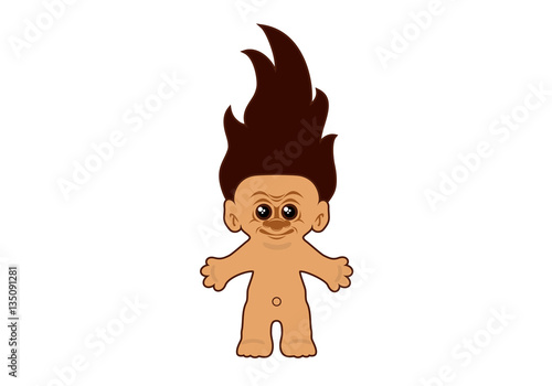 Hairy troll vector illustration. Troll figurine cartoon character. Creepy gnome icon on white background