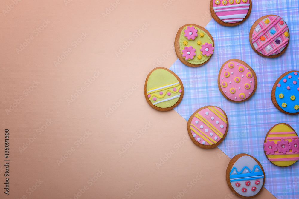 Delicious Easter cookies on colour background Delicious Easter cookies on colour background