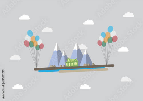 flying land and house with balloon, vector illustration