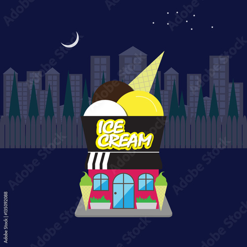 ice cream shop in the night time, vector illustration