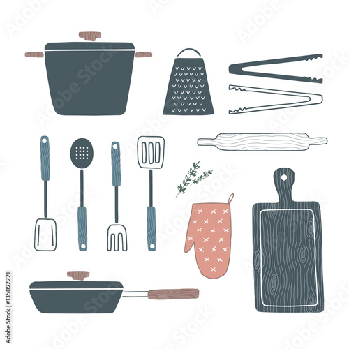 Pan, pot, oven mitt, spatula, ladle, turner, spoon, tongs, grater, rolling pin, wooden cutting board set. Hand drawn cooking utensils. Cookware, kitchenware, kitchen utensils. Vector illustration
