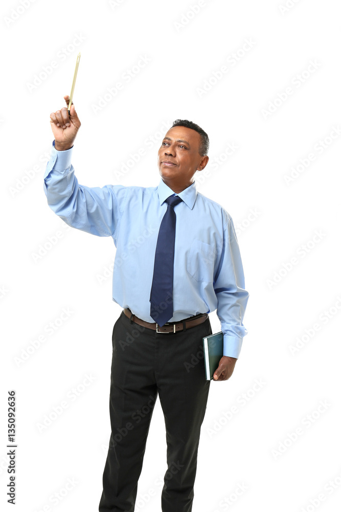 Confident Indian teacher on white background Confident Indian teacher on white background