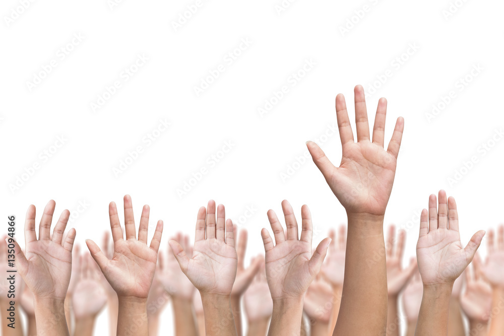 Business crowd raising hands high up on white background. Concep