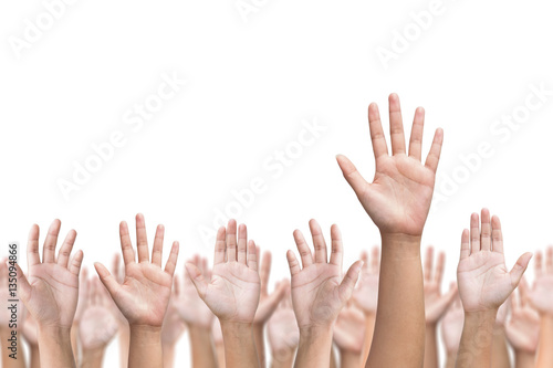 Business crowd raising hands high up on white background. Concep