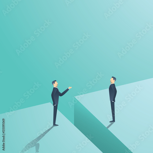 Business negotiation or communication vector concept. Two man having discussion, bargaining with gap between.