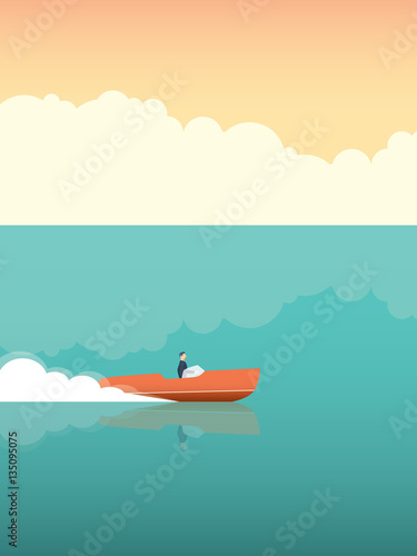 Elegant and rich man riding fast speedboat on the ocean. Vector concept for summer holiday or vacation.