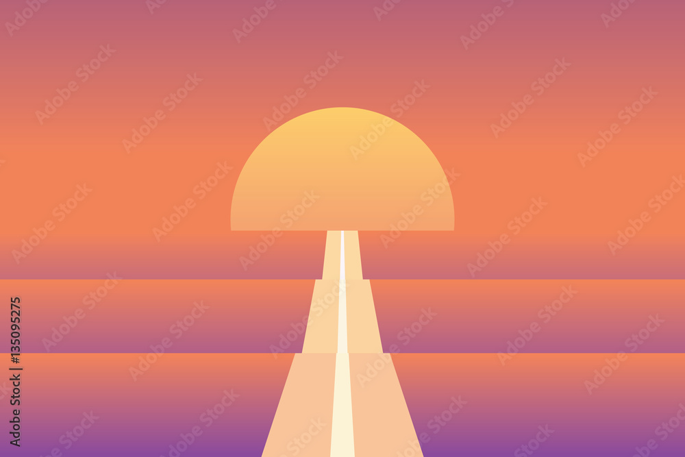 Endless road in sunset abstract vector illustration. Material and modern retro design with sun and bright orange color.