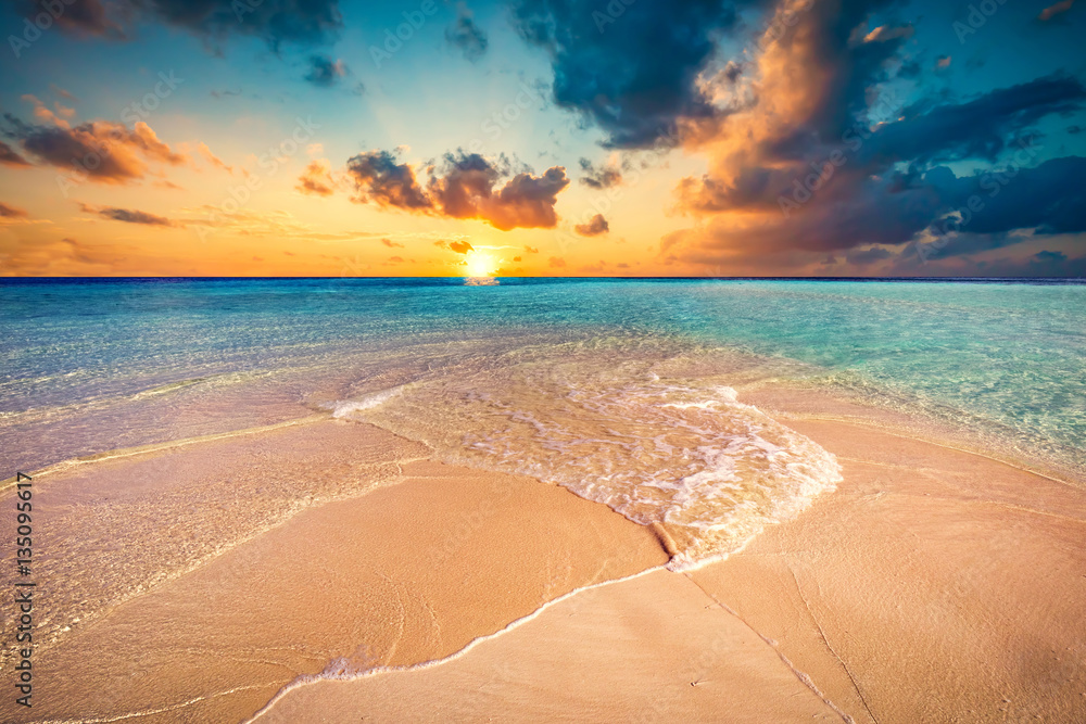 Obraz premium Tropikalna plaża z białym piaskiem i czystym turkusowym oceanem. Maldiv