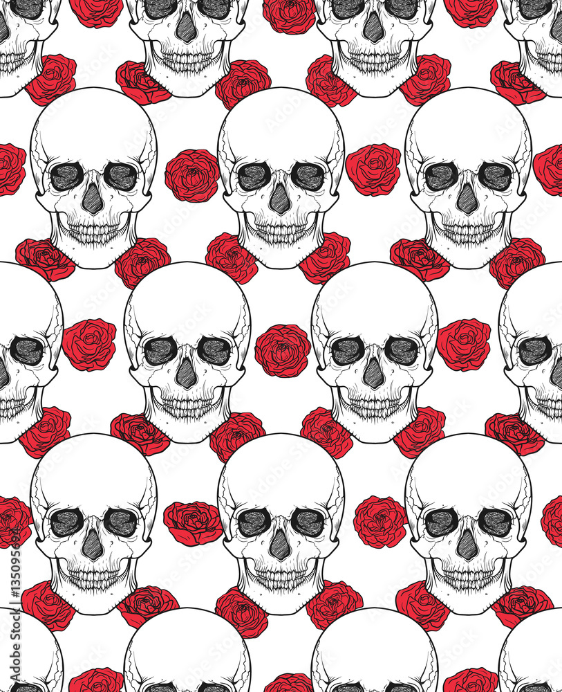 Human skull tribal style seamless pattern. Vector hand drawn illustration. Boho Human skull tribal style seamless pattern. Vector hand drawn illustration. Boho