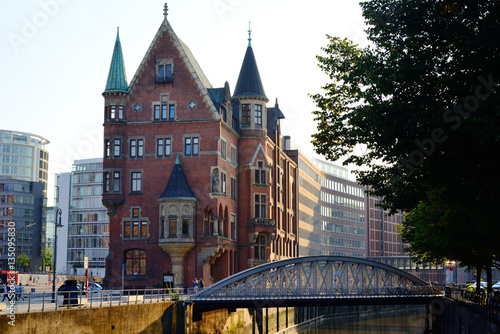Speicherstadt, historical center of Hamburg at sunset