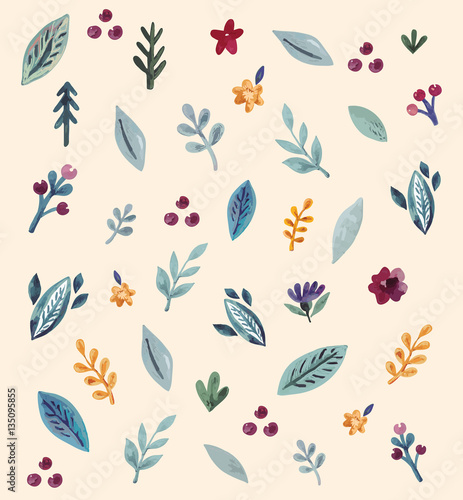 Floral pattern with watercolor flowers and leaves