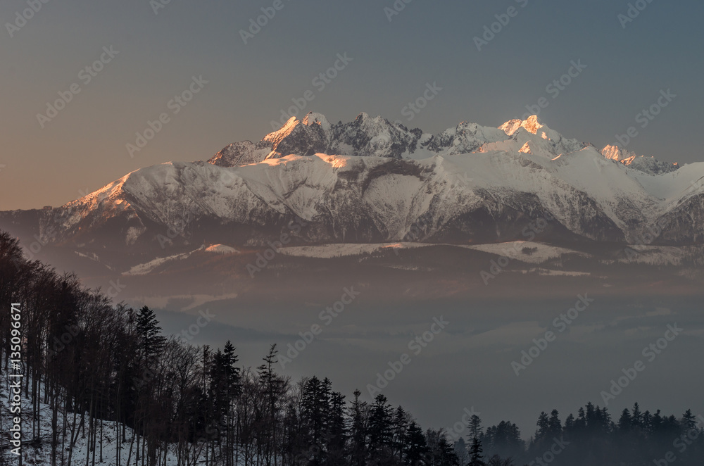 Beautiful winter panorama from Pieniny to snowy Tatra mountains in the morning, Poland