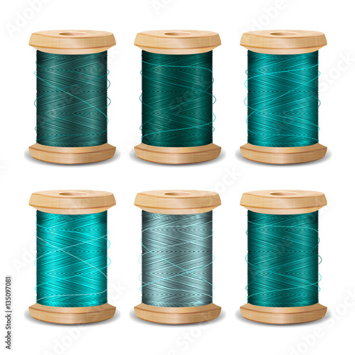 Thread Spool Set. Bright Old Wooden   Bobbin. Isolated On White Background For Needlework And Needlecraft. Stock Vector Illustration