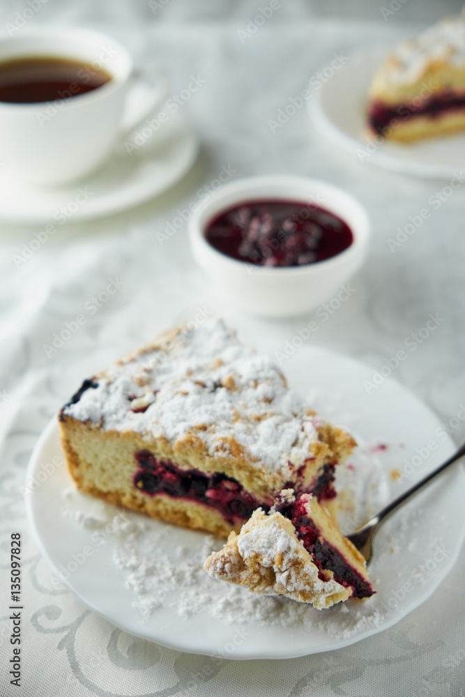 Delicious homemade pie with currants and coffee Delicious homemade pie with currants and coffee