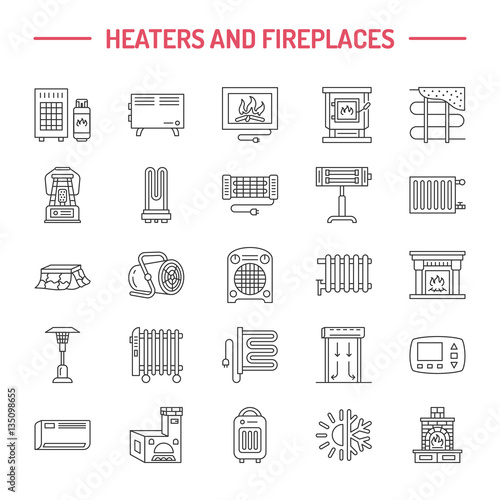 Water boiler, thermostat, electric gas solar heaters and other house heating appliances line icons. Thin linear pictogram. Equipment store signs.