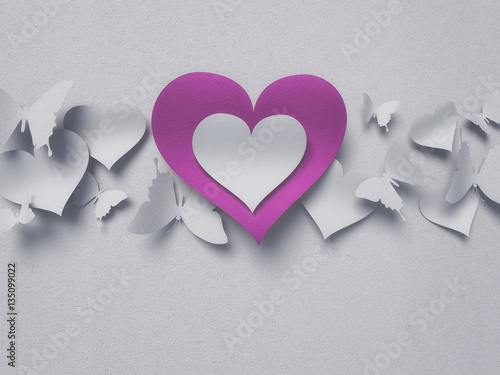 Photography paper butterflies and hearts , happy valentine's day - 3D romantic card / backgr