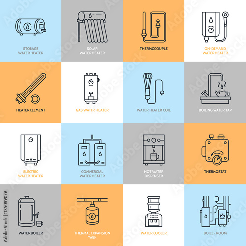 Water heater, boiler, thermostat, electric, gas, solar heaters and other house heating equipment line icons. Thin linear pictogram with editable strokes for hardware store. Household appliances signs.