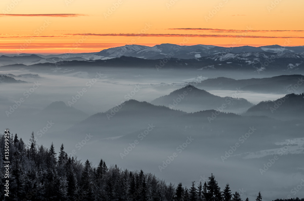 Morning panorama from Luban peak in Gorce mountains, Poland