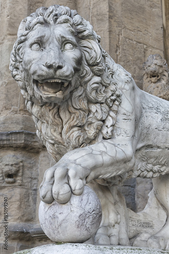 A sculpture of lion by "Piazza della Signoria" in Florence, Italy Renaissance