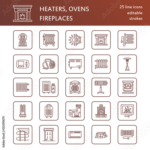 Oil heater, fireplace, convector, panel column radiator and other house heating appliances line icons. Home warming thin linear pictogram such as kotatsu, Russian oven. Equipment store signs.