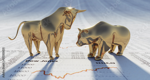 Cuadro en lienzo Goldener Bulle und Bär auf Dow Jones