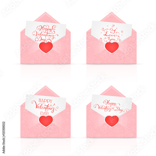 Set of Valentines envelopes with red heart and ornate elements