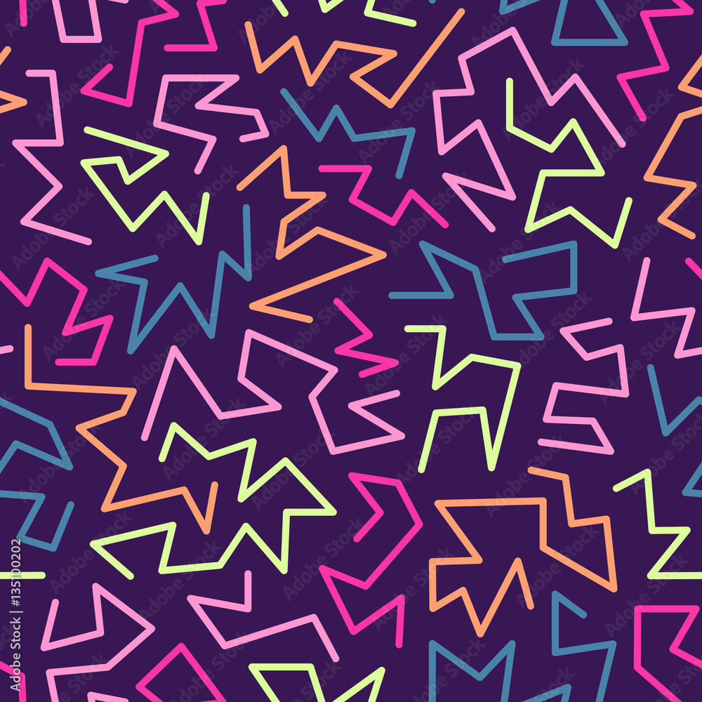 Trendy memphis style seamless pattern inspired by 80s, 90s retro fashion design. Colorful festive hipster background. Abstract doodle illustration from eighties. Blue, yellow, red, pink color.