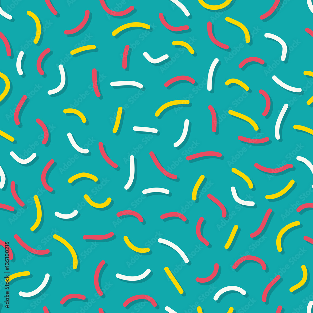 Trendy memphis style seamless pattern inspired by 80s, 90s retro fashion design. Colorful festive hipster background. Abstract doodle illustration from eighties. Blue, yellow, white, color sprinkles.