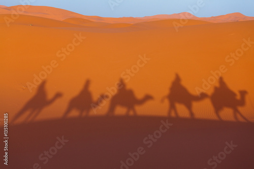 Shadows of camel caravan on desert dunes. Sahara Desert at sunset