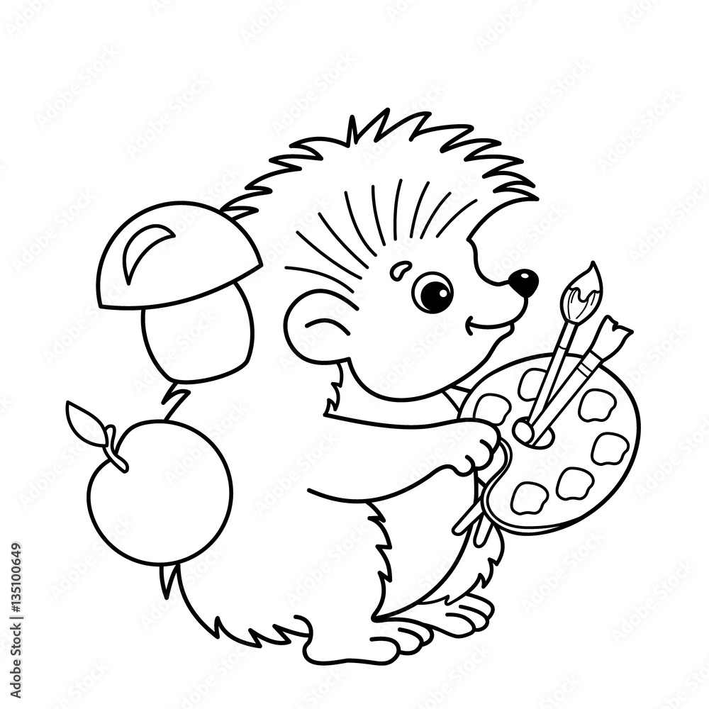 Coloring Page Outline Of cartoon hedgehog with brushes and paints. Coloring book for kids