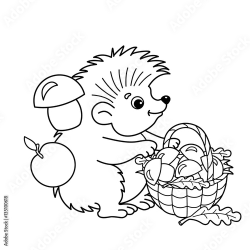 Coloring Page Outline Of cartoon hedgehog with basket of mushrooms. Summer gifts of nature. Coloring book for kids