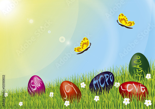 Easter background decorated with easter eggs in early spring meadow