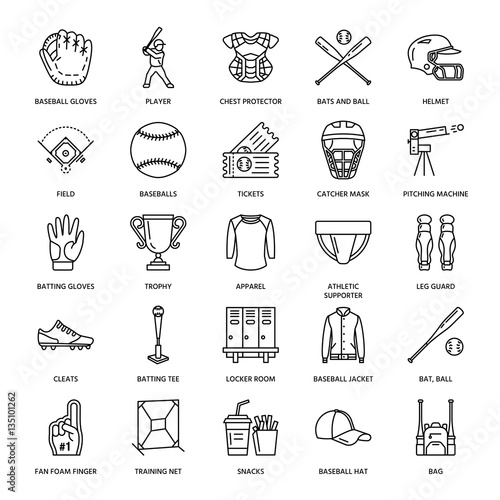 Baseball, softball sport game vector line icons. Ball, bat, field, helmet, pitching machine, catcher mask. Linear signs set, championship pictograms with editable stroke for event, equipment store.