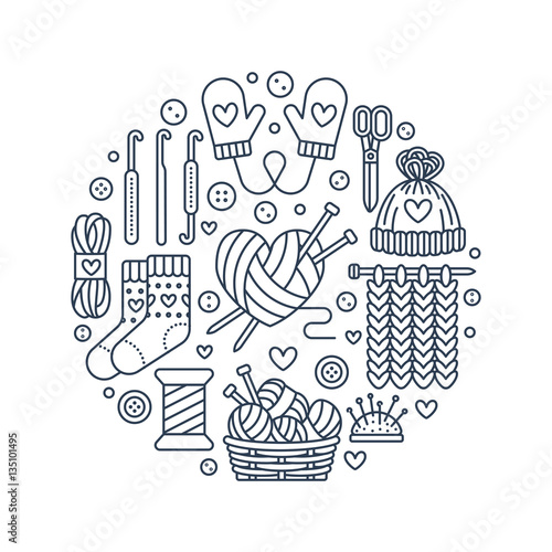 Knitting, crochet, hand made banner illustration. Vector line icon knitting needle, hook, scarf, socks, pattern, wool skeins and other DIY equipment. Yarn or tailor store template.