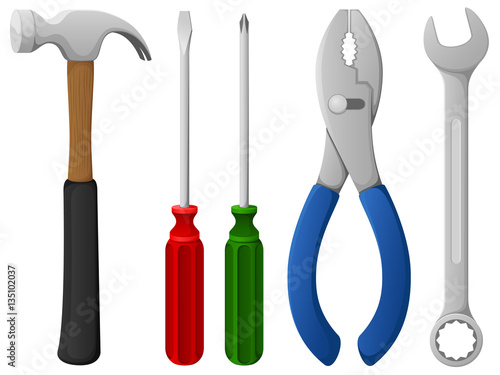 Vector illustration of a variety of hand tools: a hammer, pliers, wrench, and two screwdrivers.