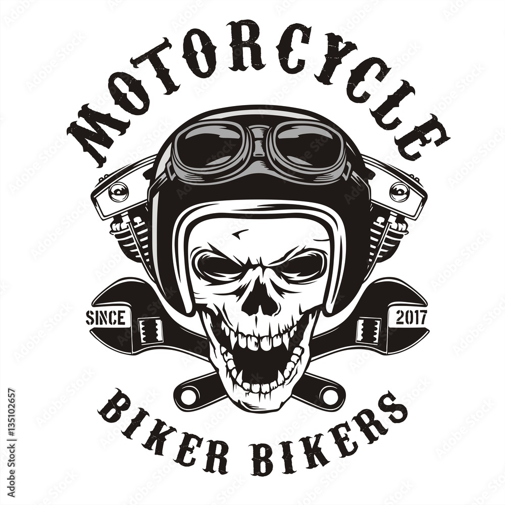 Fototapeta premium Skull rider with motorcycle machine and wrench