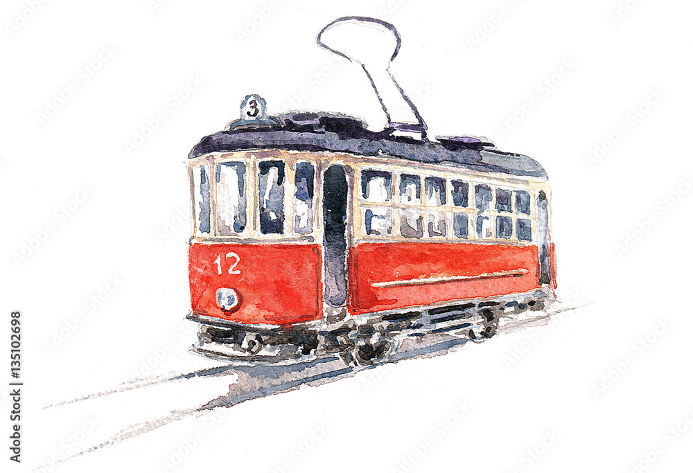 Ретро трамвай. Акварель Иллюстрация Stock | Adobe Stock