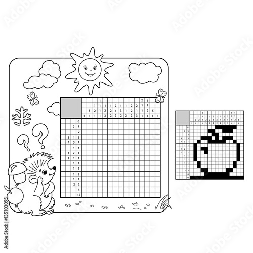 Education Puzzle Game for school Children.  Apple. Black and white japanese crossword with answer. Graphic crossword. Coloring Page Outline Of hedgehog. Coloring book for kids