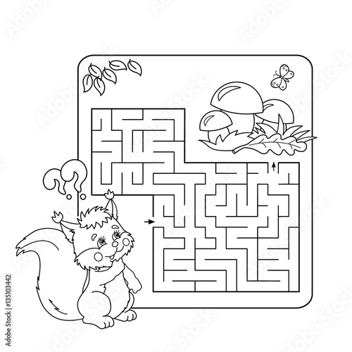 Cartoon Vector Illustration of Education Maze or Labyrinth Game for Preschool Children. Puzzle. Coloring Page Outline Of squirrel with mushrooms. Coloring book for kids.