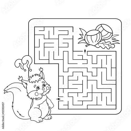 Cartoon Vector Illustration of Education Maze or Labyrinth Game for Preschool Children. Puzzle. Coloring Page Outline Of squirrel with nuts. Coloring book for kids.