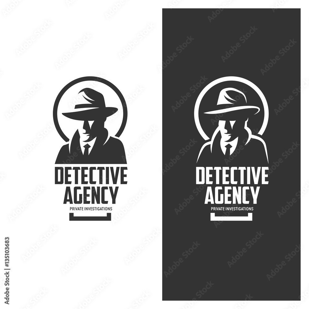 Detective agency emblem with abstract man head in hat. Vintage vector illustration.