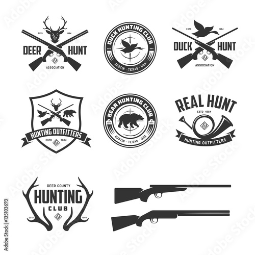 Set of hunting related labels badges emblems. Vector vintage illustration.